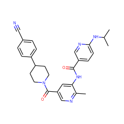 Cc1ncc(C(=O)N2CCC(c3ccc(C#N)cc3)CC2)cc1NC(=O)c1ccc(NC(C)C)nc1 ZINC000098185850