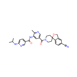 Cc1ncc(C(=O)N2CCC3(CC2)OCc2cc(C#N)ccc23)cc1NC(=O)c1ccc(NC(C)C)nc1 ZINC000098185968