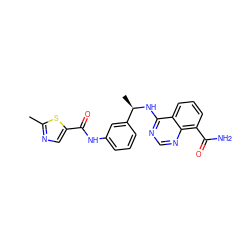 Cc1ncc(C(=O)Nc2cccc([C@@H](C)Nc3ncnc4c(C(N)=O)cccc34)c2)s1 ZINC000114345256