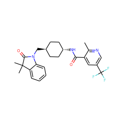 Cc1ncc(C(F)(F)F)cc1C(=O)N[C@H]1CC[C@H](CN2C(=O)C(C)(C)c3ccccc32)CC1 ZINC000653684783