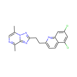 Cc1ncc(C)n2nc(CCc3ccc4c(Cl)cc(Cl)cc4n3)nc12 ZINC000144546869