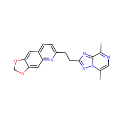 Cc1ncc(C)n2nc(CCc3ccc4cc5c(cc4n3)OCO5)nc12 ZINC000144478596