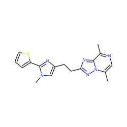 Cc1ncc(C)n2nc(CCc3cn(C)c(-c4cccs4)n3)nc12 ZINC000095573970