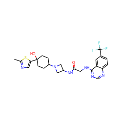 Cc1ncc(C2(O)CCC(N3CC(NC(=O)CNc4ncnc5ccc(C(F)(F)F)cc45)C3)CC2)s1 ZINC000095593115