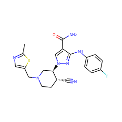 Cc1ncc(CN2CC[C@@H](C#N)[C@H](n3cc(C(N)=O)c(Nc4ccc(F)cc4)n3)C2)s1 ZINC000221257288