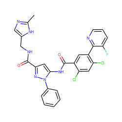 Cc1ncc(CNC(=O)c2cc(NC(=O)c3cc(-c4ncccc4F)c(Cl)cc3Cl)n(-c3ccccc3)n2)[nH]1 ZINC001772606229