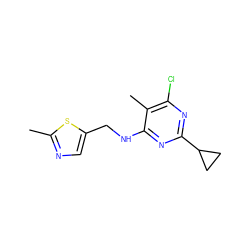 Cc1ncc(CNc2nc(C3CC3)nc(Cl)c2C)s1 ZINC000132676272