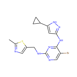 Cc1ncc(CNc2ncc(Br)c(Nc3cc(C4CC4)[nH]n3)n2)s1 ZINC000203006195