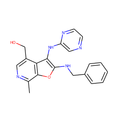 Cc1ncc(CO)c2c(Nc3cnccn3)c(NCc3ccccc3)oc12 ZINC000095575778