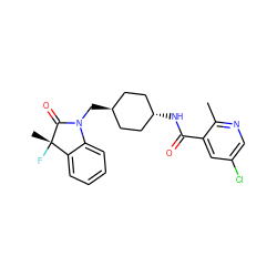 Cc1ncc(Cl)cc1C(=O)N[C@H]1CC[C@H](CN2C(=O)[C@@](C)(F)c3ccccc32)CC1 ZINC000653670286