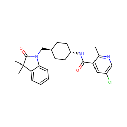 Cc1ncc(Cl)cc1C(=O)N[C@H]1CC[C@H](CN2C(=O)C(C)(C)c3ccccc32)CC1 ZINC000653666692