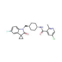 Cc1ncc(Cl)cc1C(=O)N[C@H]1CC[C@H](CN2C(=O)C3(CC3)c3cc(F)ccc32)CC1 ZINC000653666687