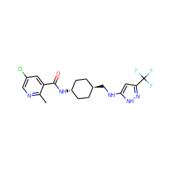 Cc1ncc(Cl)cc1C(=O)N[C@H]1CC[C@H](CNc2cc(C(F)(F)F)n[nH]2)CC1 ZINC000261144549