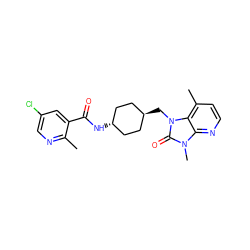 Cc1ncc(Cl)cc1C(=O)N[C@H]1CC[C@H](Cn2c(=O)n(C)c3nccc(C)c32)CC1 ZINC000653684775