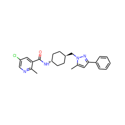 Cc1ncc(Cl)cc1C(=O)N[C@H]1CC[C@H](Cn2nc(-c3ccccc3)cc2C)CC1 ZINC000118637303