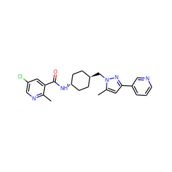 Cc1ncc(Cl)cc1C(=O)N[C@H]1CC[C@H](Cn2nc(-c3cccnc3)cc2C)CC1 ZINC000261094161