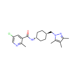 Cc1ncc(Cl)cc1C(=O)N[C@H]1CC[C@H](Cn2nc(C)c(C)c2C)CC1 ZINC000261102730