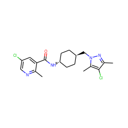 Cc1ncc(Cl)cc1C(=O)N[C@H]1CC[C@H](Cn2nc(C)c(Cl)c2C)CC1 ZINC000261121928