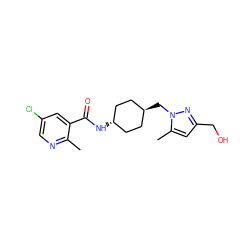 Cc1ncc(Cl)cc1C(=O)N[C@H]1CC[C@H](Cn2nc(CO)cc2C)CC1 ZINC000261171717