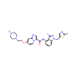 Cc1ncc(Cn2nc(I)c3c(NC(=O)c4cnc5cc(OCCN6CCN(C)CC6)ccn45)cccc32)s1 ZINC000165063321