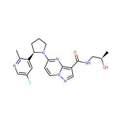 Cc1ncc(F)cc1[C@H]1CCCN1c1ccn2ncc(C(=O)NC[C@@H](C)O)c2n1 ZINC000169704257