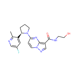 Cc1ncc(F)cc1[C@H]1CCCN1c1ccn2ncc(C(=O)NCCO)c2n1 ZINC000169704256