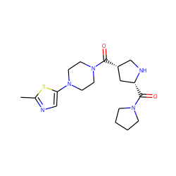 Cc1ncc(N2CCN(C(=O)[C@@H]3CN[C@H](C(=O)N4CCCC4)C3)CC2)s1 ZINC000029130612