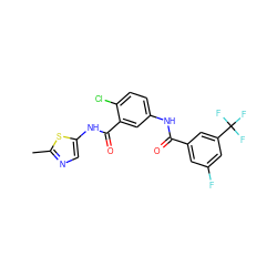 Cc1ncc(NC(=O)c2cc(NC(=O)c3cc(F)cc(C(F)(F)F)c3)ccc2Cl)s1 ZINC000040864783