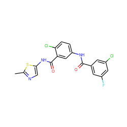 Cc1ncc(NC(=O)c2cc(NC(=O)c3cc(F)cc(Cl)c3)ccc2Cl)s1 ZINC000040913427