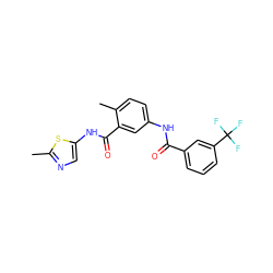 Cc1ncc(NC(=O)c2cc(NC(=O)c3cccc(C(F)(F)F)c3)ccc2C)s1 ZINC000040872567