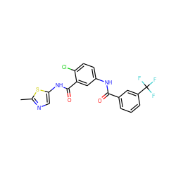 Cc1ncc(NC(=O)c2cc(NC(=O)c3cccc(C(F)(F)F)c3)ccc2Cl)s1 ZINC000040873046