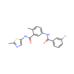 Cc1ncc(NC(=O)c2cc(NC(=O)c3cccc(Cl)c3)ccc2C)s1 ZINC000040393336