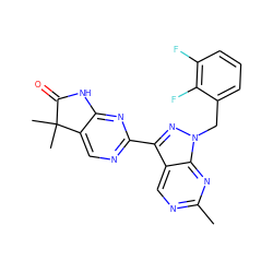 Cc1ncc2c(-c3ncc4c(n3)NC(=O)C4(C)C)nn(Cc3cccc(F)c3F)c2n1 ZINC000205093274