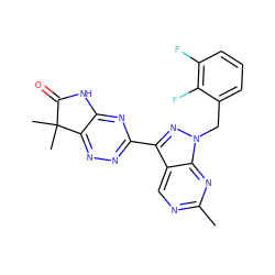 Cc1ncc2c(-c3nnc4c(n3)NC(=O)C4(C)C)nn(Cc3cccc(F)c3F)c2n1 ZINC000207362473