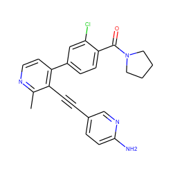 Cc1nccc(-c2ccc(C(=O)N3CCCC3)c(Cl)c2)c1C#Cc1ccc(N)nc1 ZINC000202384663