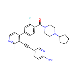 Cc1nccc(-c2ccc(C(=O)N3CCN(C4CCCC4)CC3)c(F)c2)c1C#Cc1ccc(N)nc1 ZINC000202384993