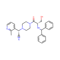 Cc1ncccc1[C@@H](C#N)N1CCN(C(=O)[C@H](CO)NC(c2ccccc2)c2ccccc2)CC1 ZINC000013833189