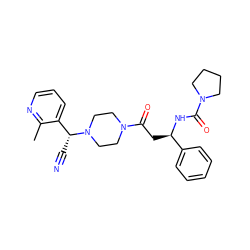 Cc1ncccc1[C@@H](C#N)N1CCN(C(=O)C[C@@H](NC(=O)N2CCCC2)c2ccccc2)CC1 ZINC000013833269