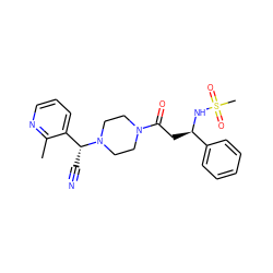 Cc1ncccc1[C@@H](C#N)N1CCN(C(=O)C[C@@H](NS(C)(=O)=O)c2ccccc2)CC1 ZINC000013833317