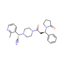 Cc1ncccc1[C@@H](C#N)N1CCN(C(=O)C[C@H](c2ccccc2)N2CCCC2=O)CC1 ZINC000013833305