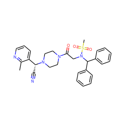 Cc1ncccc1[C@@H](C#N)N1CCN(C(=O)CN(C(c2ccccc2)c2ccccc2)S(C)(=O)=O)CC1 ZINC000013833179