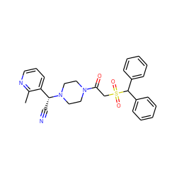 Cc1ncccc1[C@@H](C#N)N1CCN(C(=O)CS(=O)(=O)C(c2ccccc2)c2ccccc2)CC1 ZINC000013833175