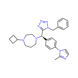 Cc1nccn1-c1ccc([C@H](c2nnnn2Cc2ccccc2)N2CCCN(C3CCC3)CC2)cc1 ZINC000058583417