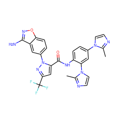 Cc1nccn1-c1ccc(NC(=O)c2cc(C(F)(F)F)nn2-c2ccc3onc(N)c3c2)c(-n2ccnc2C)c1 ZINC000014950383