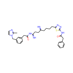 Cc1nccn1Cc1cccc(CC(=O)NC(=N)CCC(=N)CCCCc2nnc(NC(=O)Cc3ccccc3)s2)c1 ZINC000169698436