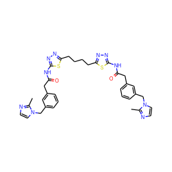 Cc1nccn1Cc1cccc(CC(=O)Nc2nnc(CCCCc3nnc(NC(=O)Cc4cccc(Cn5ccnc5C)c4)s3)s2)c1 ZINC000169698171