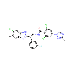 Cc1ncn(-c2cc(Cl)c(C(=O)NC[C@@H](c3cccc(F)c3)c3nc4cc(C)c(Cl)cc4[nH]3)c(Cl)c2)n1 ZINC000473159759