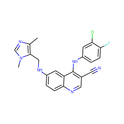 Cc1ncn(C)c1CNc1ccc2ncc(C#N)c(Nc3ccc(F)c(Cl)c3)c2c1 ZINC000028604164