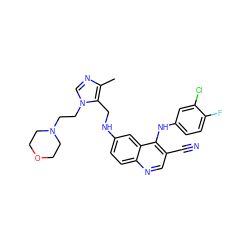 Cc1ncn(CCN2CCOCC2)c1CNc1ccc2ncc(C#N)c(Nc3ccc(F)c(Cl)c3)c2c1 ZINC000028604181