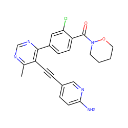 Cc1ncnc(-c2ccc(C(=O)N3CCCCO3)c(Cl)c2)c1C#Cc1ccc(N)nc1 ZINC000148670912